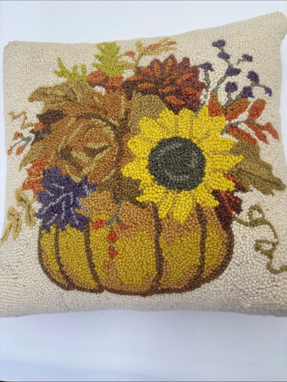 Handhooked Fall Pumpkin & Sunflower Accent Pillow